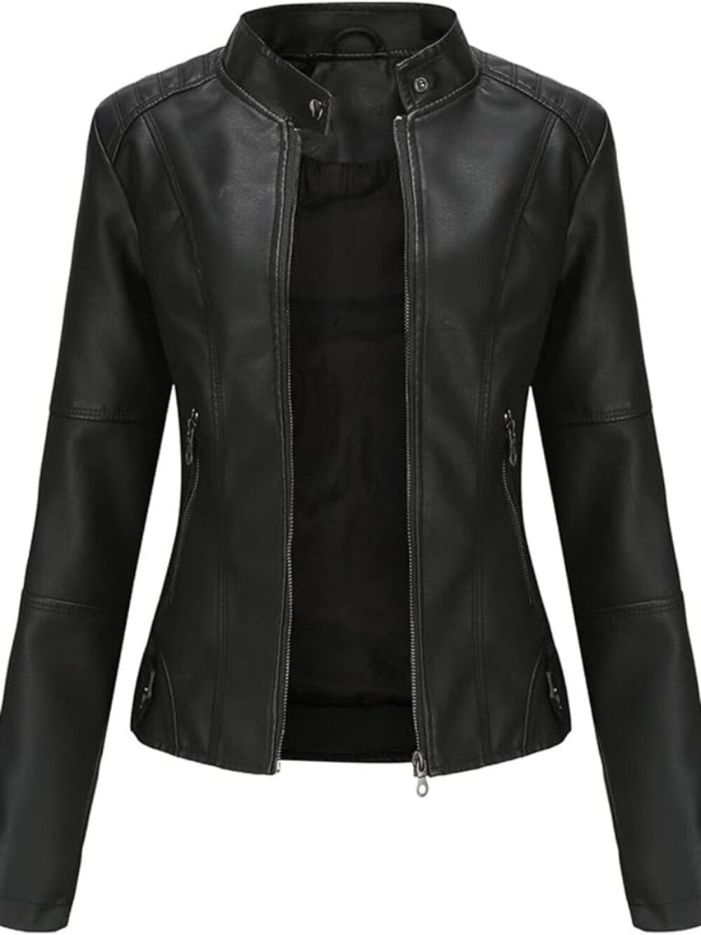 Women's Black Faux Leather Belted Suitable Motorcycle Long Sleeve Bomber Jacket